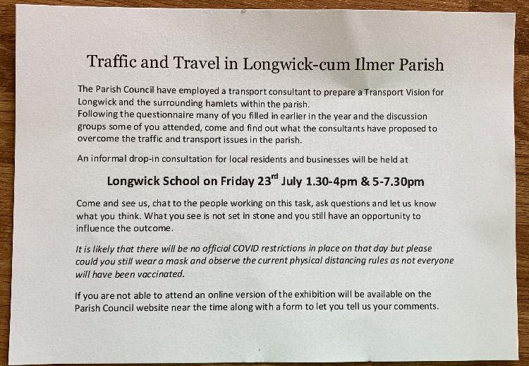 Traffic and Travel in Longwick-cum Ilmer Parish – Informal Drop in Consultation 